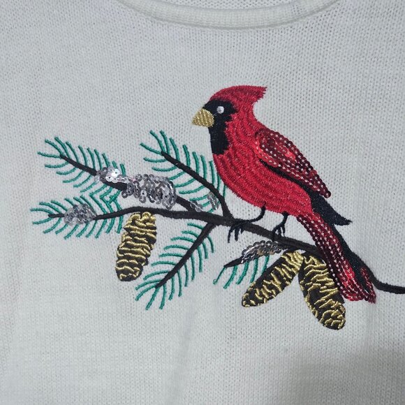 Croft & Barrow Womens Large Cream Sweater Cardinal Embroidery Sequins Holiday - Picture 8 of 8